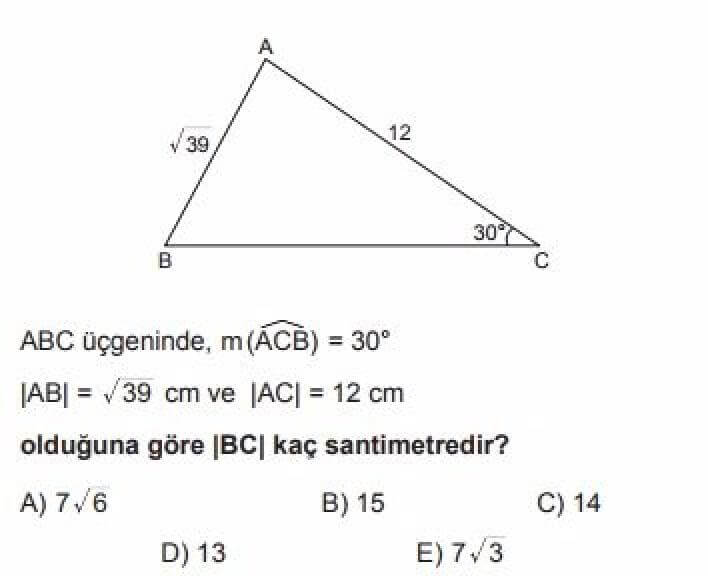YKS Matematik B Test 10 Dik Üçgen ve Trigonometri - Soru 5