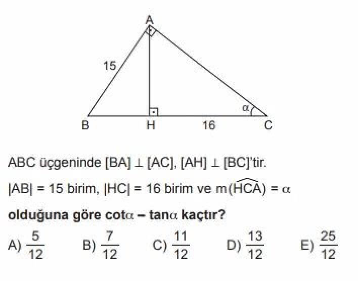 YKS Matematik B Test 10 Dik Üçgen ve Trigonometri - Soru 6