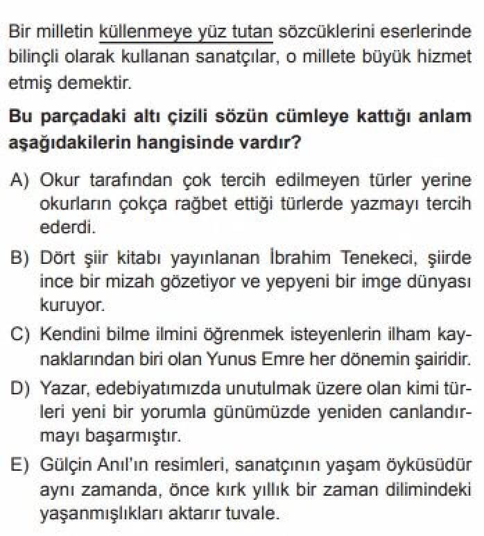 YKS Türk Dili ve Edebiyatı B Test 5 Sözcükte Anlam – 3 - Soru 5